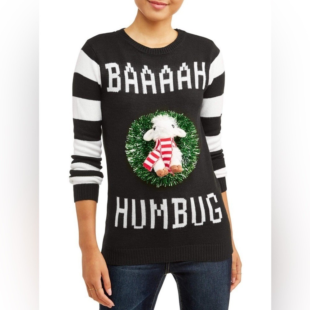 No Boundaries Black 'Baaah Humbug' Ugly Christmas Sweater Juniors XL 15-17 (A7)